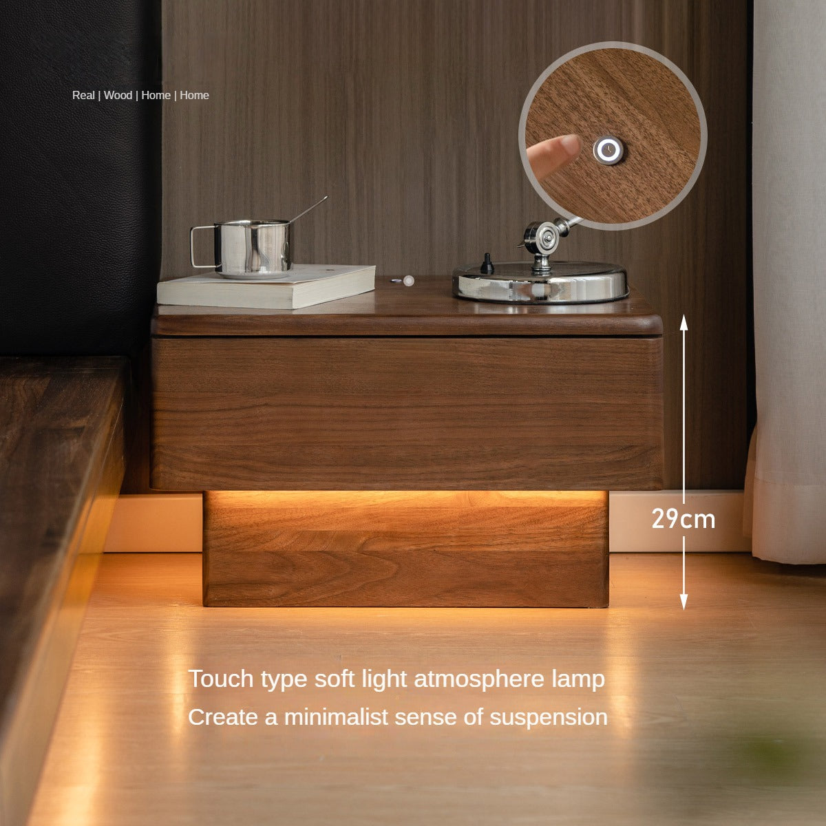 Black Walnut Solid Wood Nightstand With Light Drawer