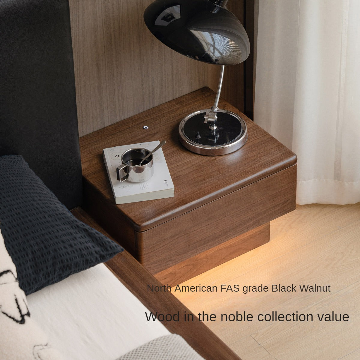 Black Walnut Solid Wood Nightstand With Light Drawer