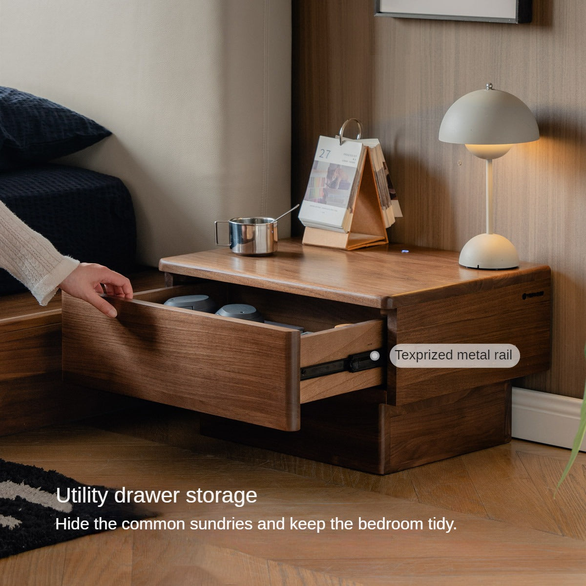 Black Walnut Solid Wood Nightstand With Light Drawer