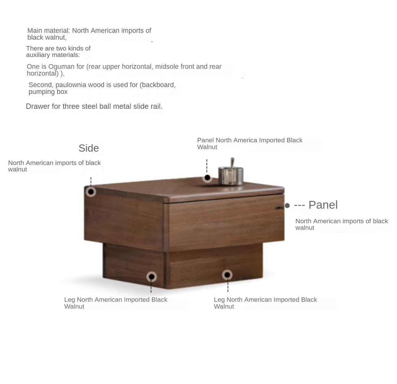 Black Walnut Solid Wood Nightstand With Light Drawer