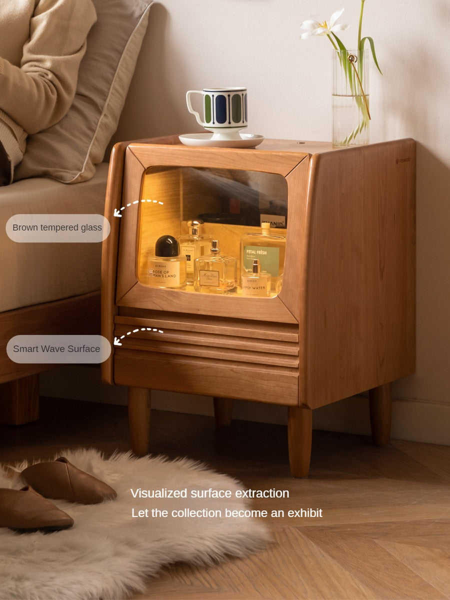 Cherry Solid Wood Art Retro Nightstand with Light Glass