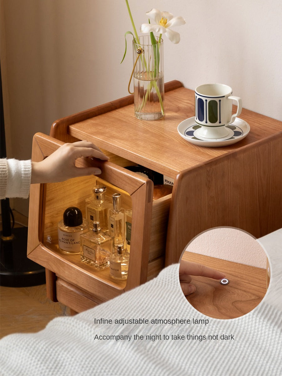 Cherry Solid Wood Art Retro Nightstand with Light Glass