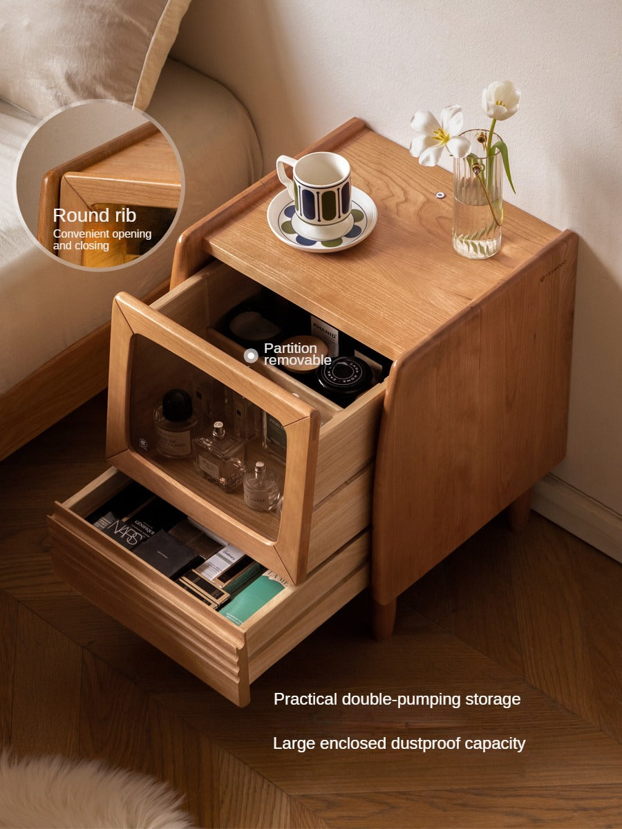 Cherry Solid Wood Art Retro Nightstand with Light Glass