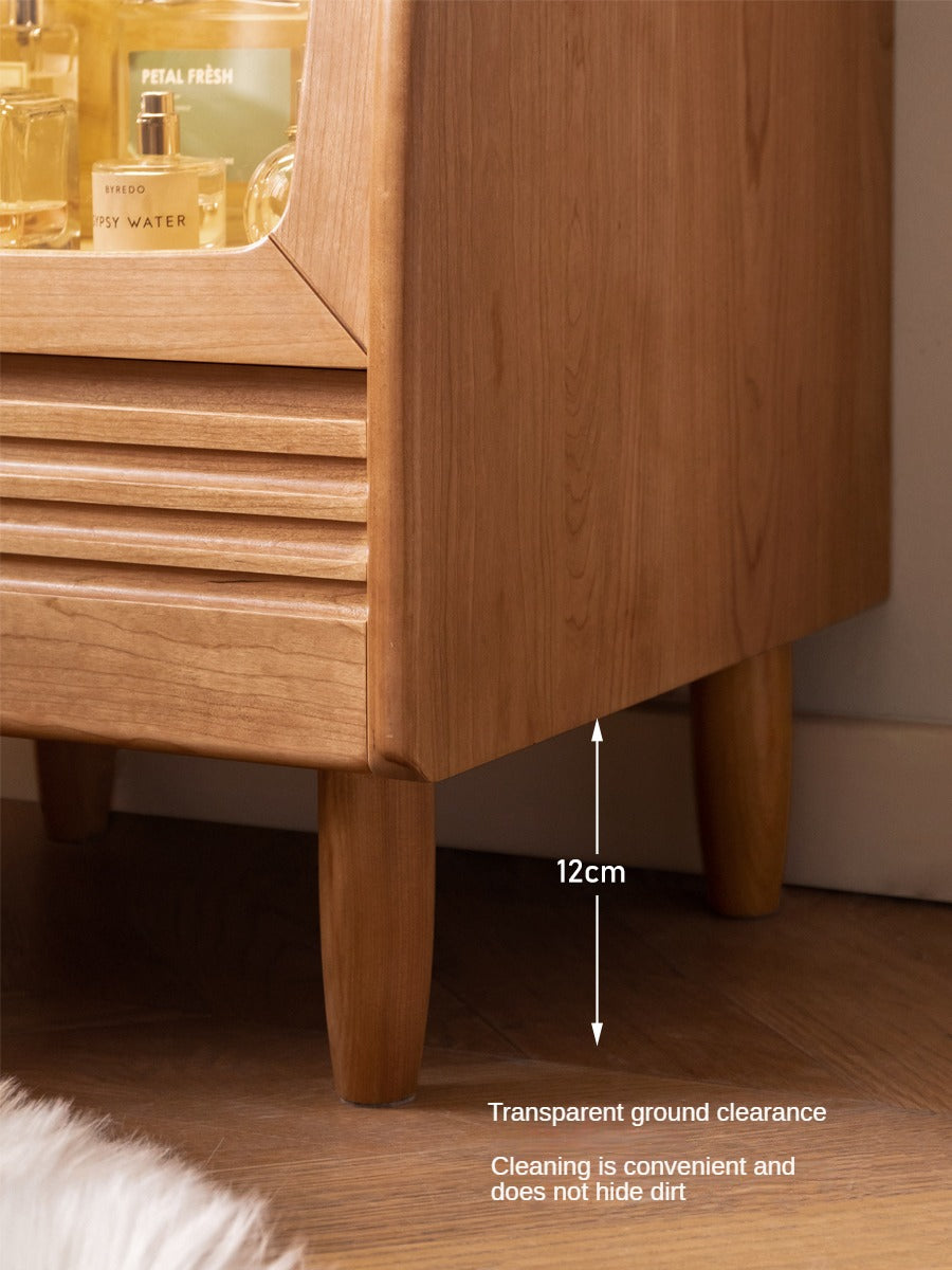 Cherry Solid Wood Art Retro Nightstand with Light Glass