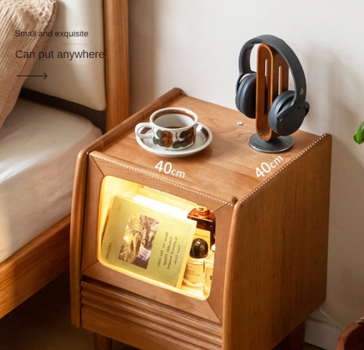 Cherry Solid Wood Art Retro Nightstand with Light Glass