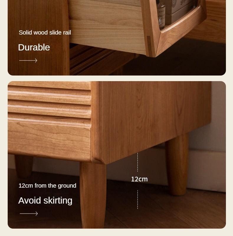 Cherry Solid Wood Art Retro Nightstand with Light Glass