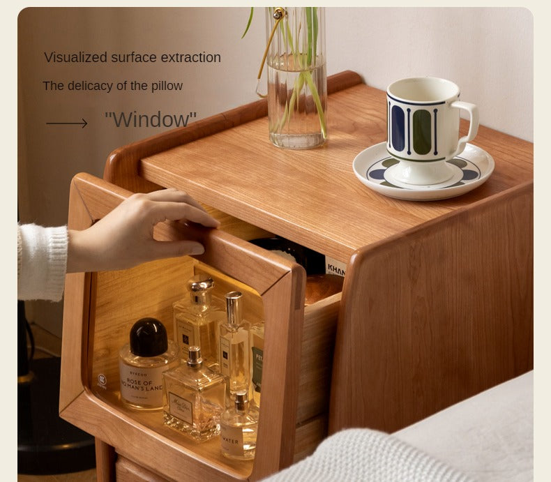 Cherry Solid Wood Art Retro Nightstand with Light Glass