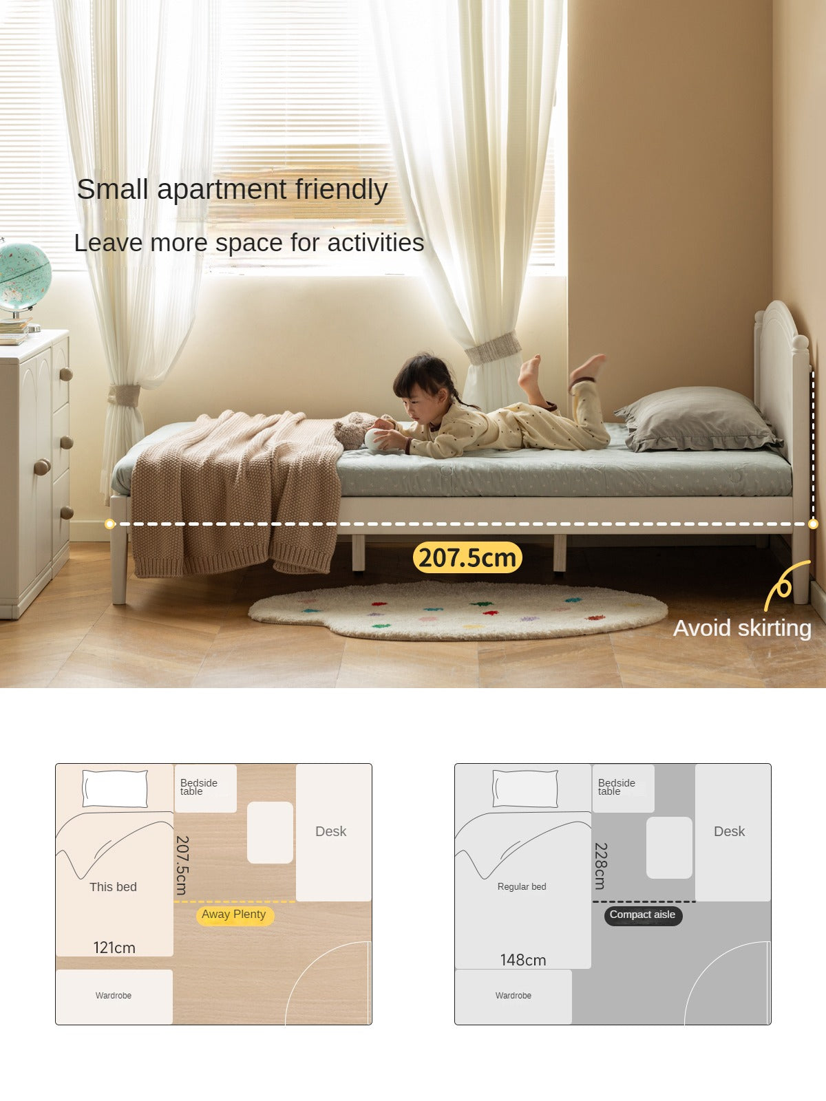 Rubber Wood Children's Bed American Cream Style.