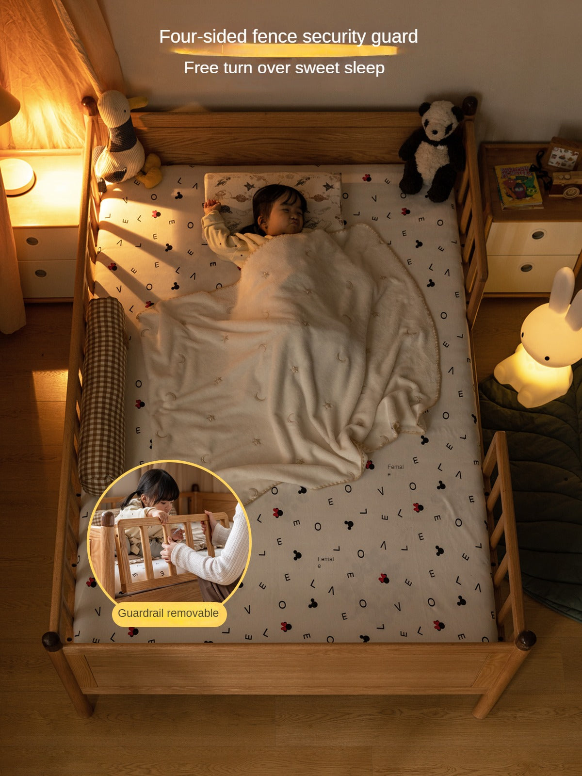Beech, Oak Solid Wood Children's Bed Widened Guardrail<