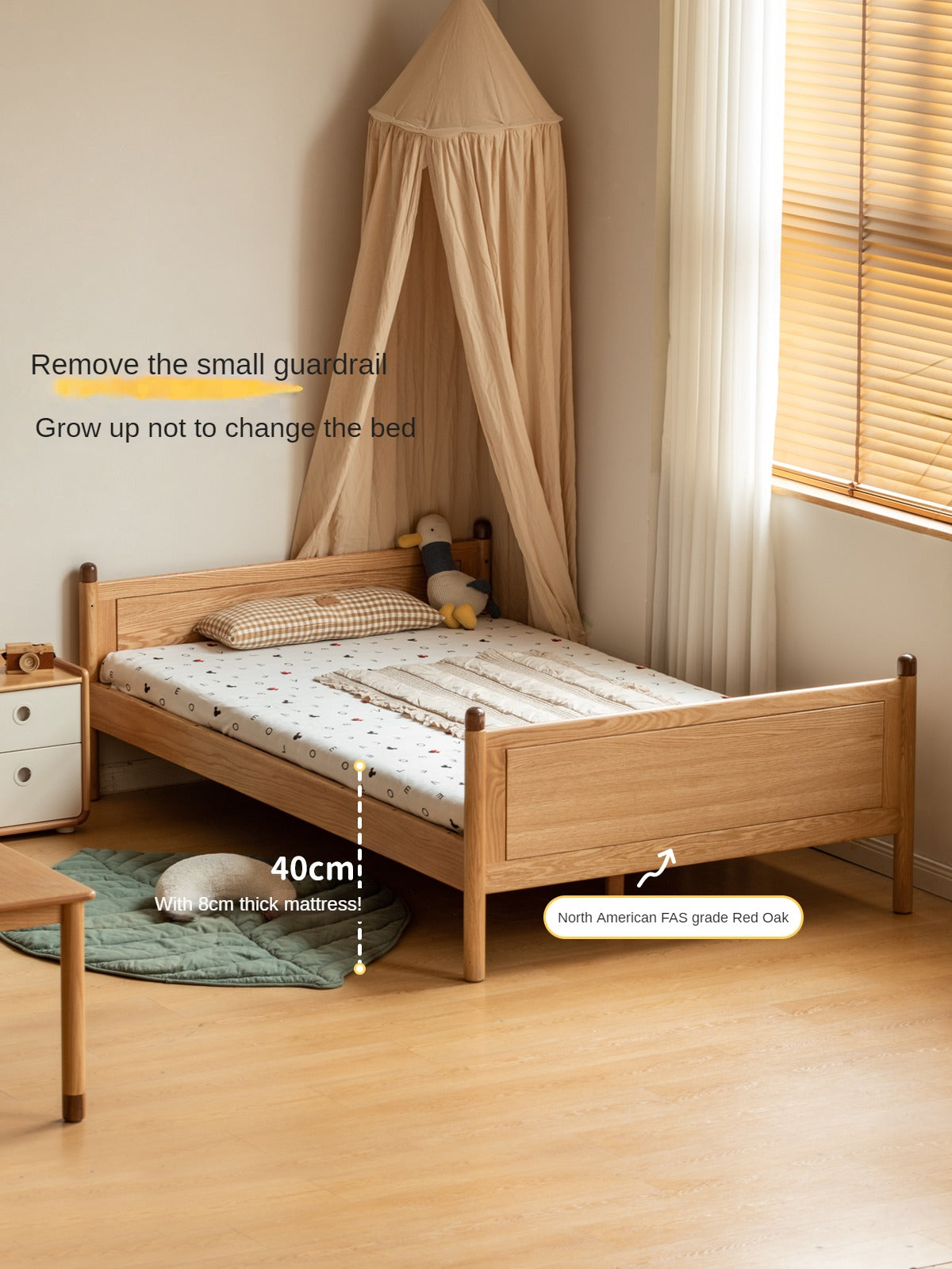 Beech, Oak Solid Wood Children's Bed Widened Guardrail<