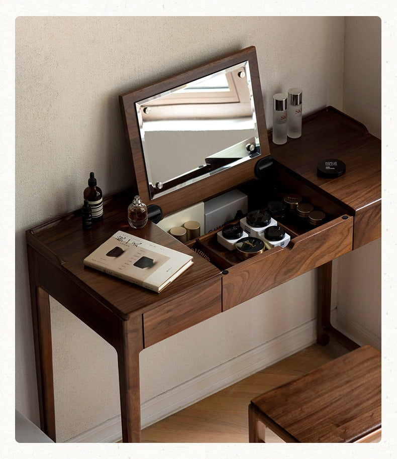 Black Walnut, Ash Solid Wood Flip Vanity Table.