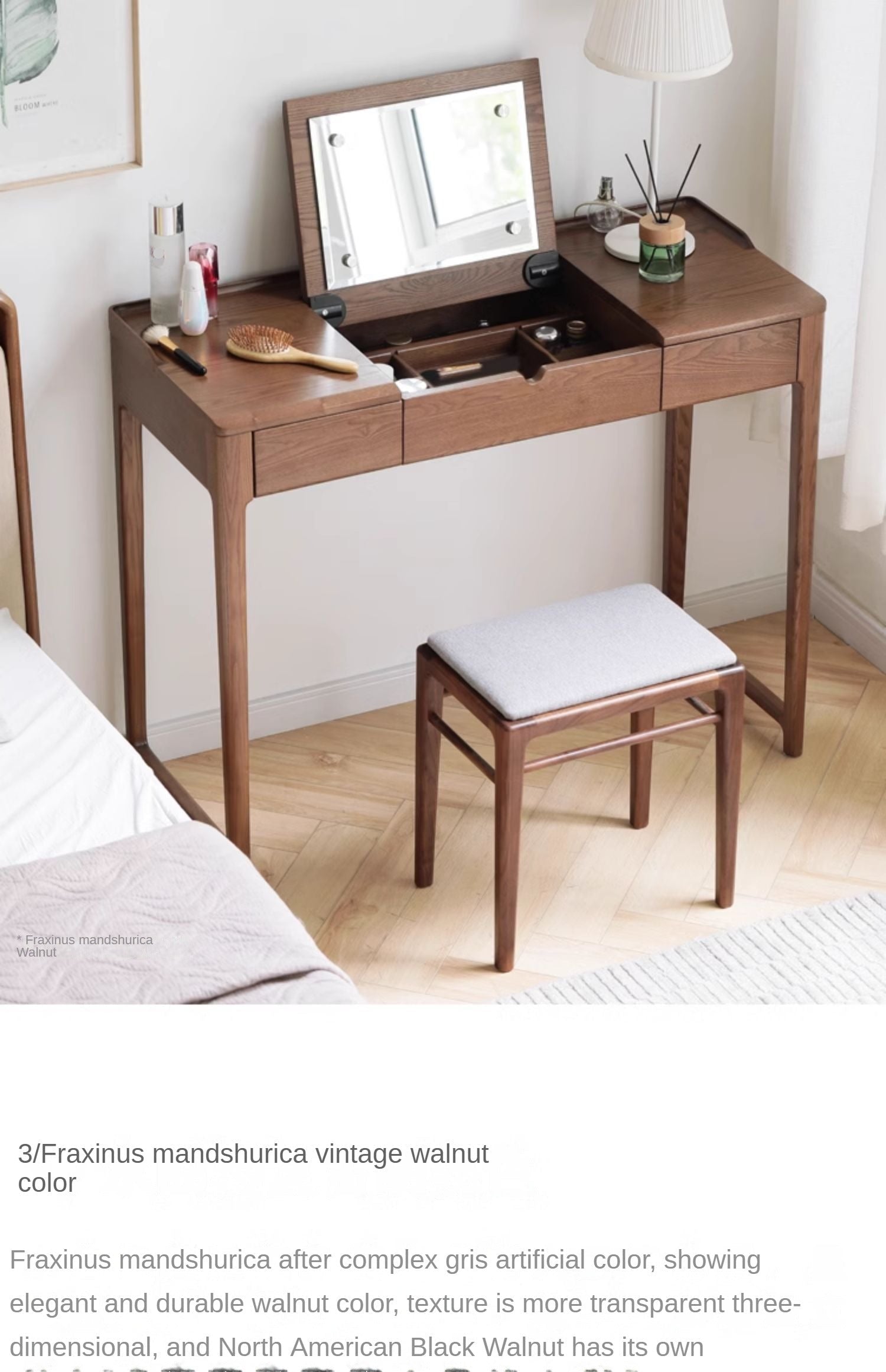 Ash Solid Wood Small Flip Vanity Table.