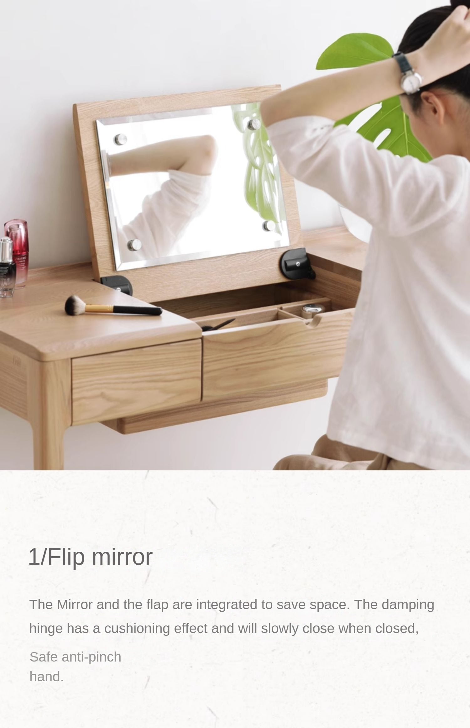 Ash Solid Wood Small Flip Vanity Table.