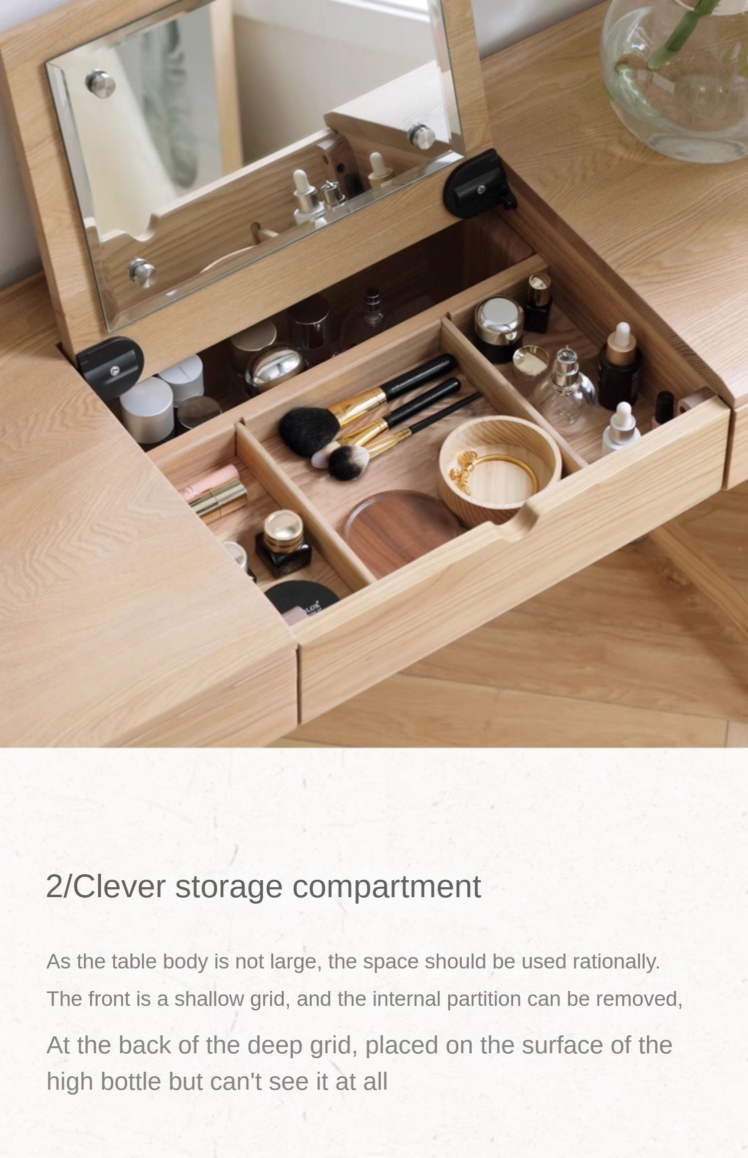 Ash Solid Wood Small Flip Vanity Table.