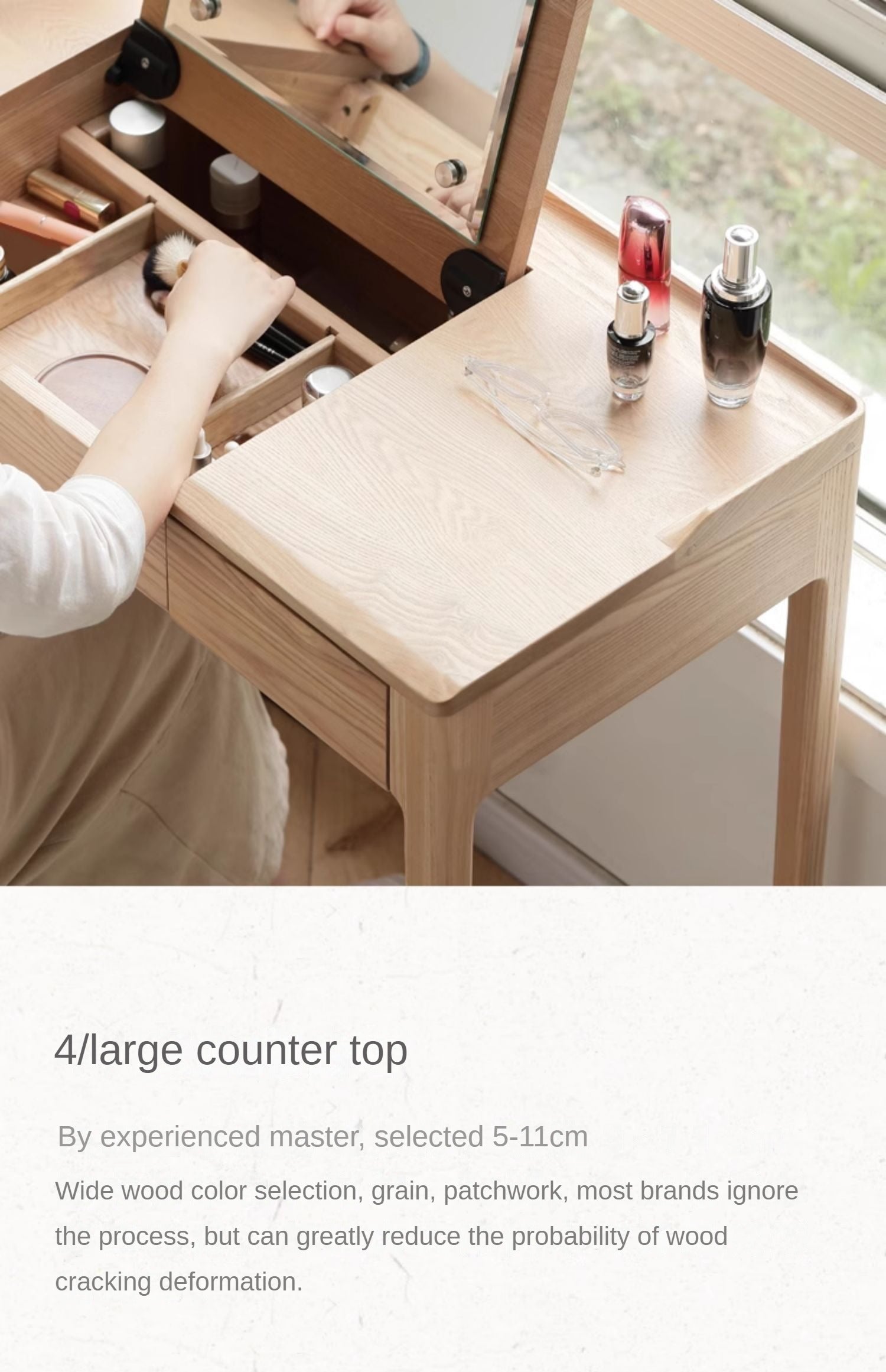 Ash Solid Wood Small Flip Vanity Table.