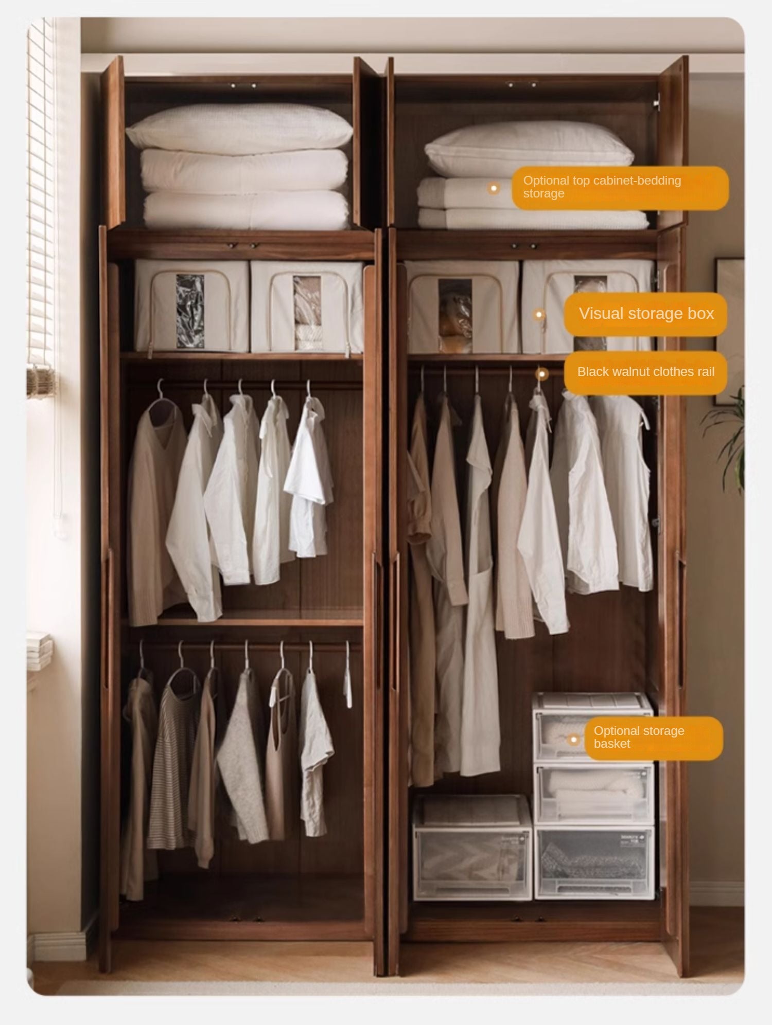 Black Walnut Solid Wood Wardrobe Double Door.