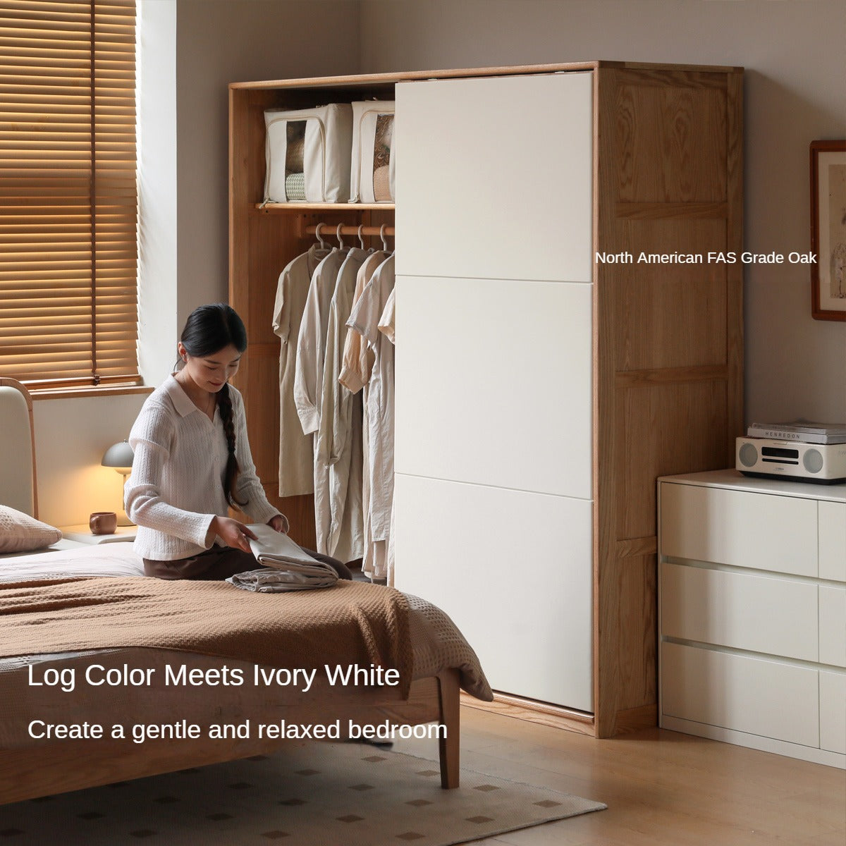Oak Solid Wood Sliding Door Storage Wardrobe.
