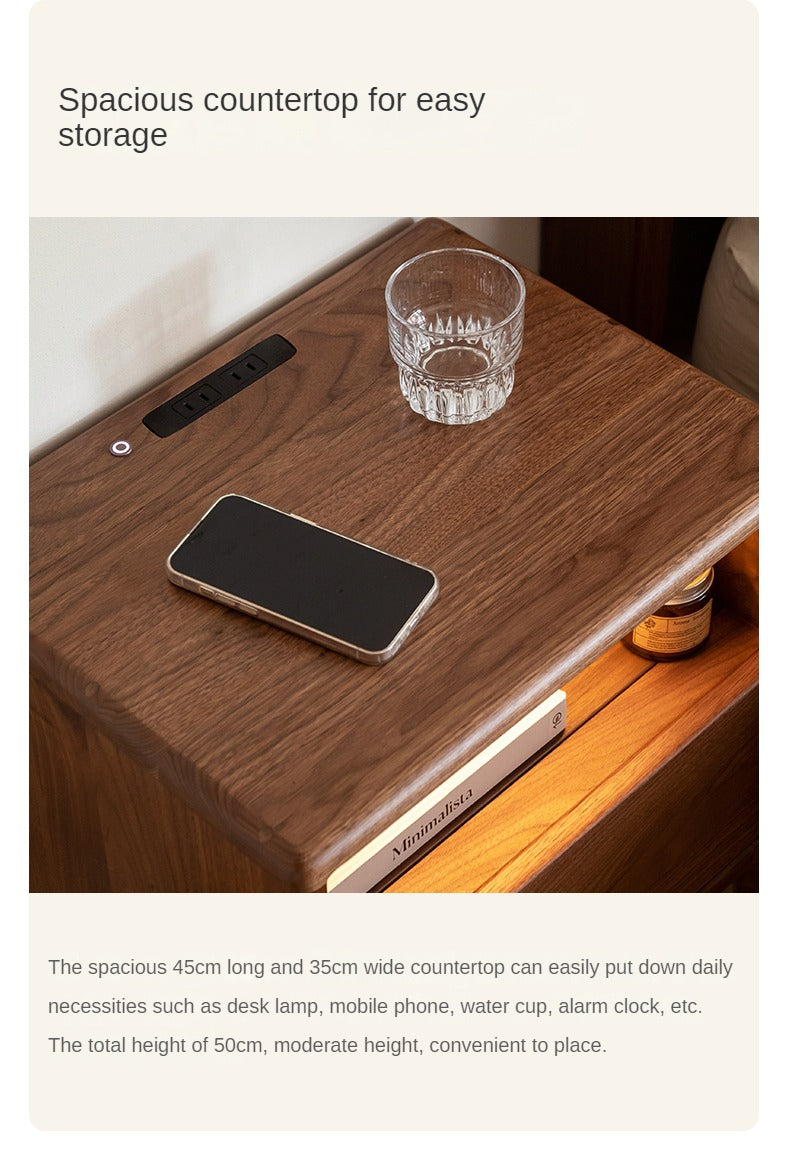 Black Walnut, Ash Solid Wood Nightstand With Light