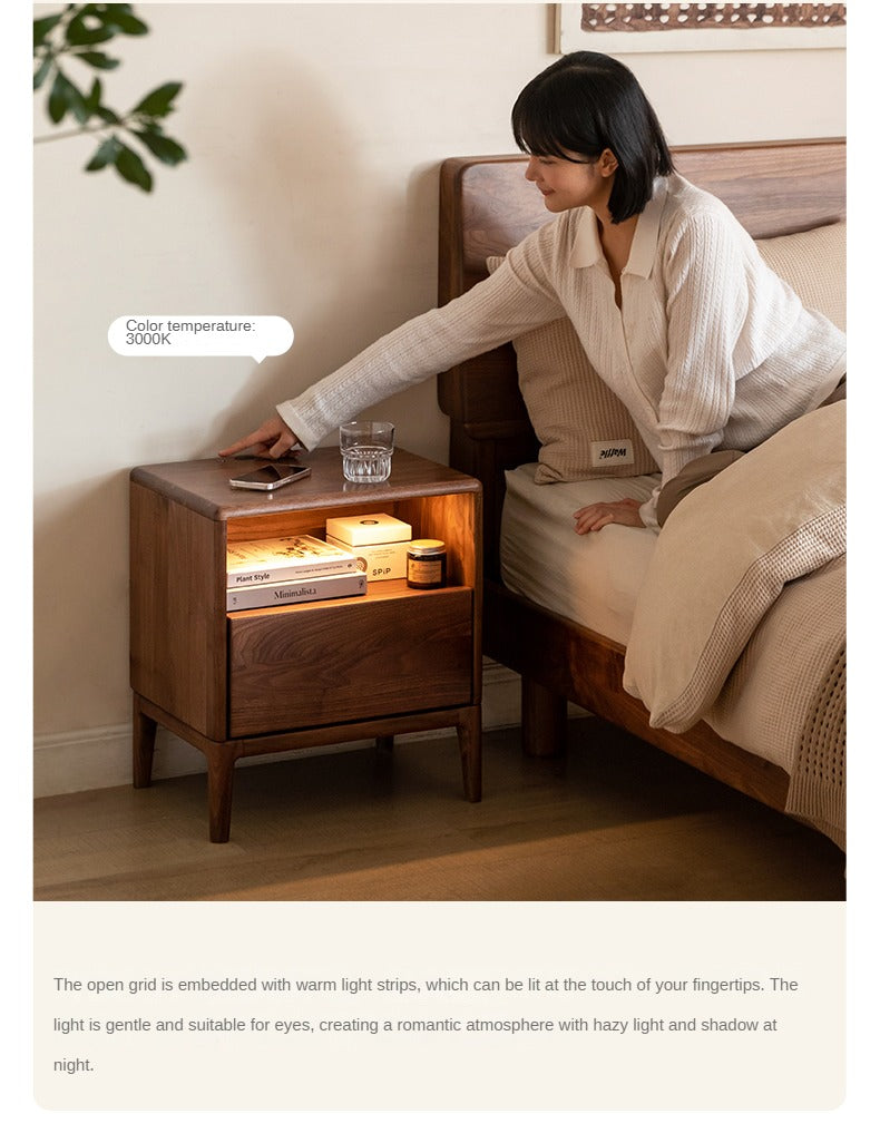 Black Walnut, Ash Solid Wood Nightstand With Light