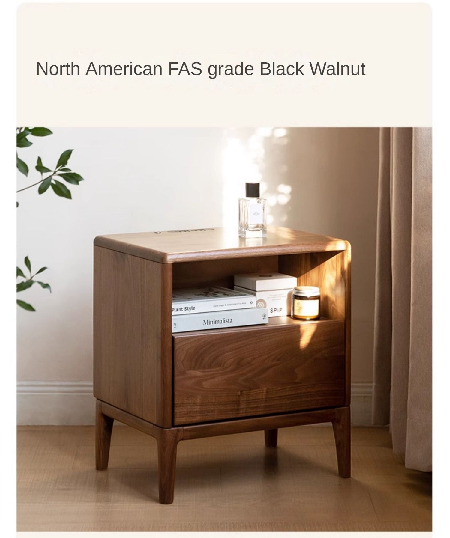 Black Walnut, Ash Solid Wood Nightstand With Light