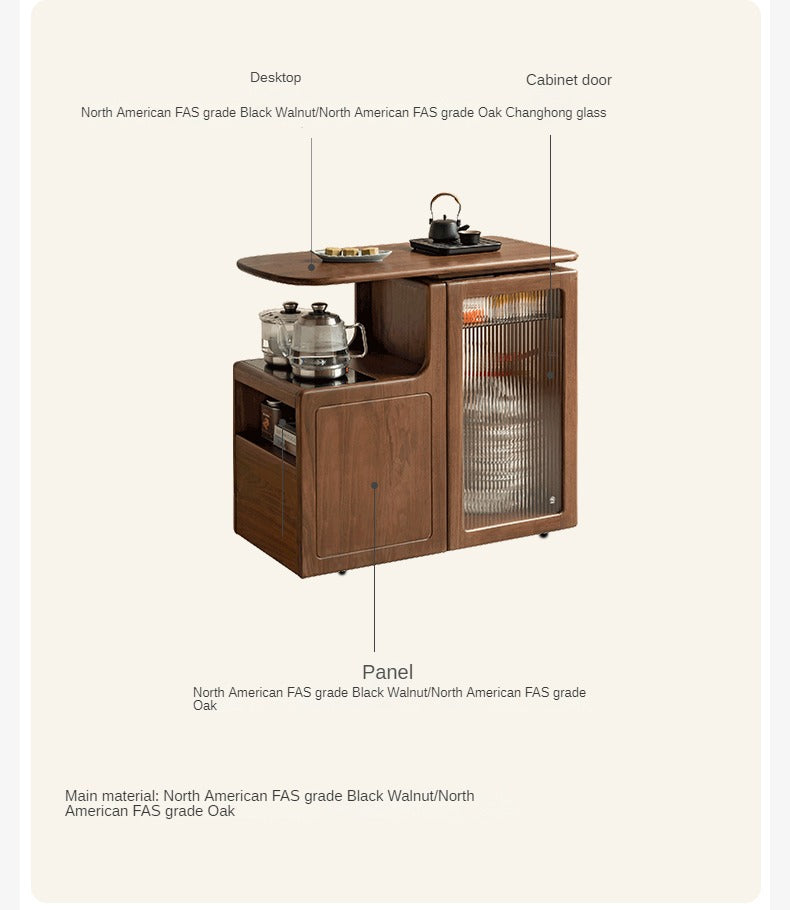 Black Walnut, Oak Solid Wood Movable Multifunctional Tea Cabinet Kettle Integrated