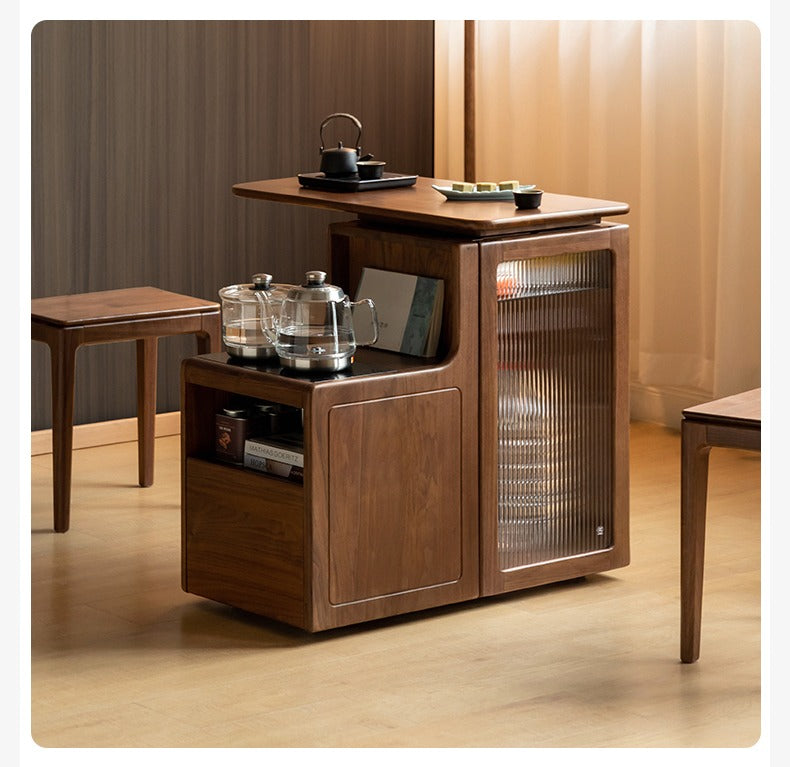 Black Walnut, Oak Solid Wood Movable Multifunctional Tea Cabinet Kettle Integrated