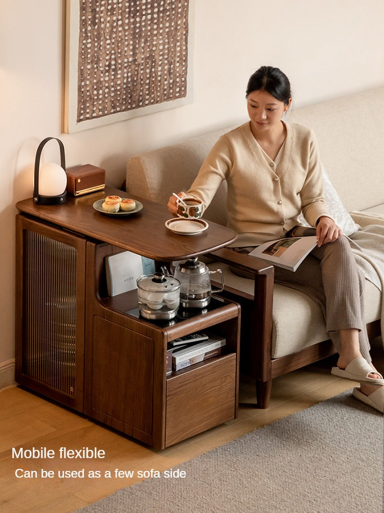 Black Walnut, Oak Solid Wood Movable Multifunctional Tea Cabinet Kettle Integrated