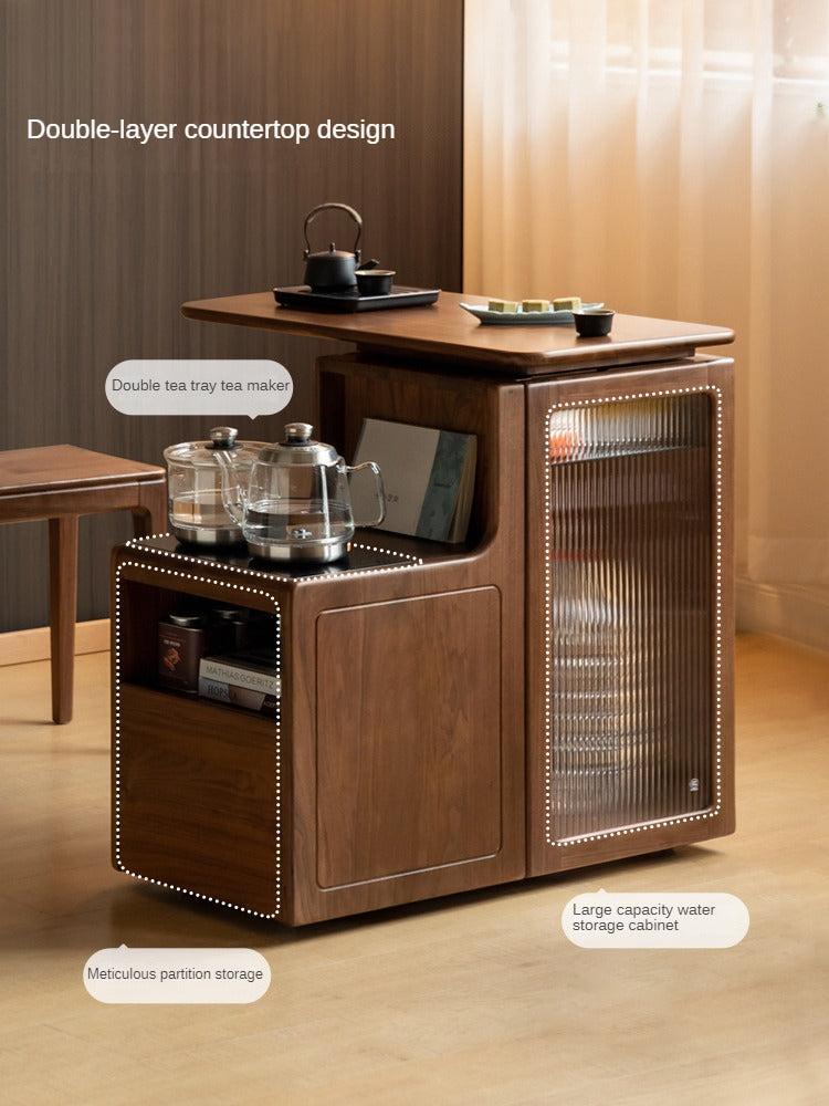 Black Walnut, Oak Solid Wood Movable Multifunctional Tea Cabinet Kettle Integrated