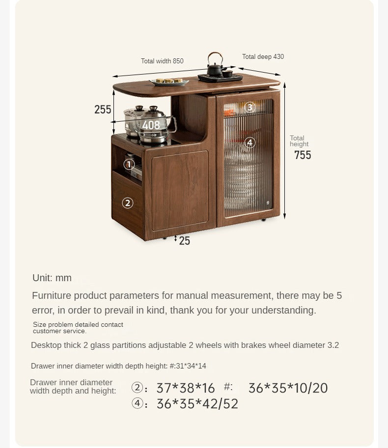 Black Walnut, Oak Solid Wood Movable Multifunctional Tea Cabinet Kettle Integrated