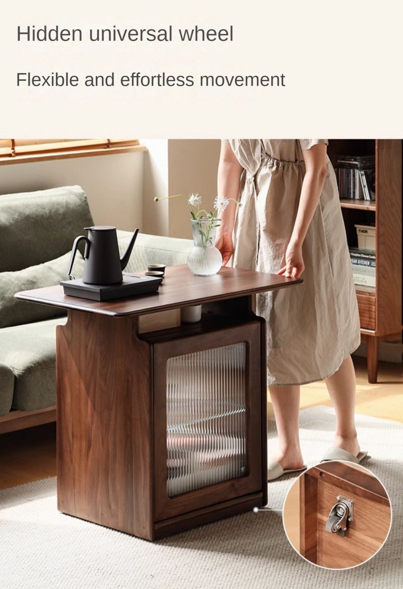 Ash, Black Walnut Solid Wood Mobile Coffee Cabinet