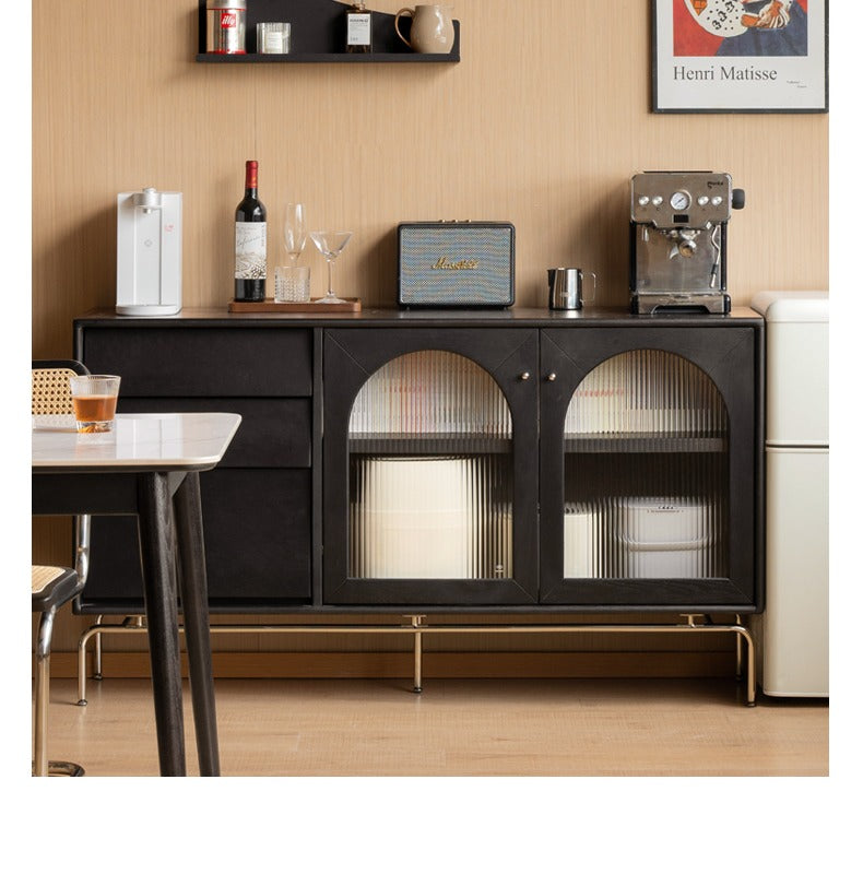 Solid Rubberwood, Oak Solid Wood French Retro Sideboard Black Glass