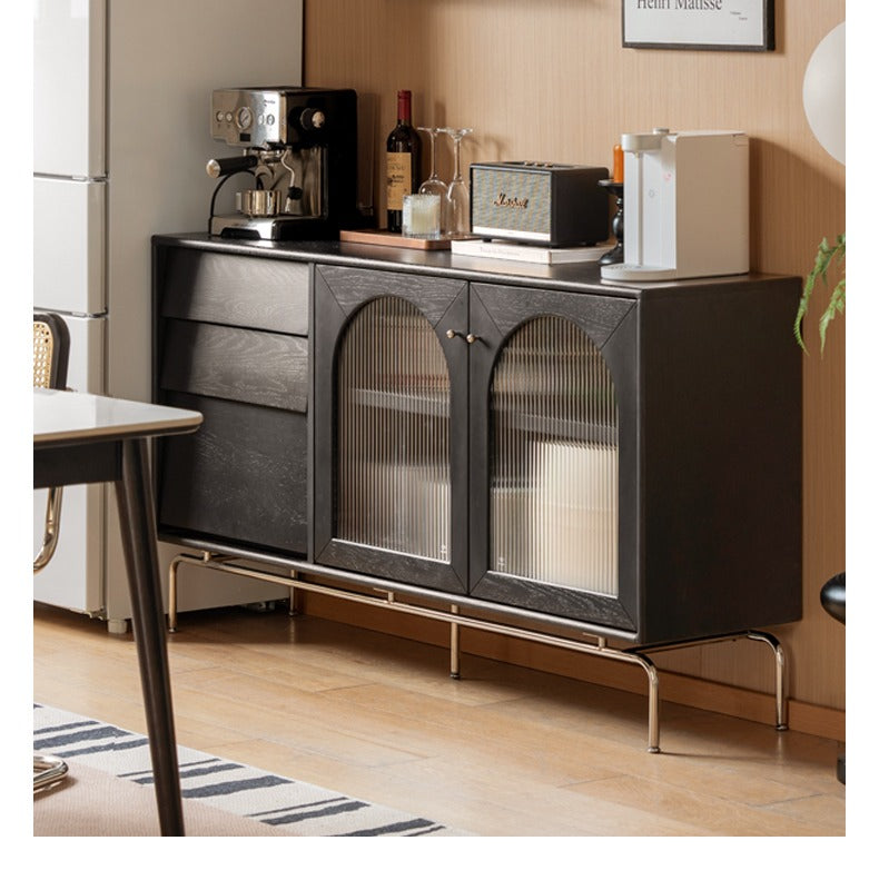 Solid Rubberwood, Oak Solid Wood French Retro Sideboard Black Glass