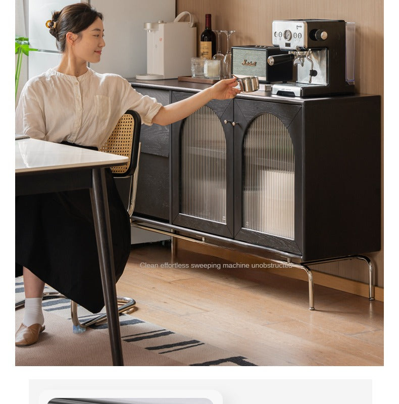 Solid Rubberwood, Oak Solid Wood French Retro Sideboard Black Glass