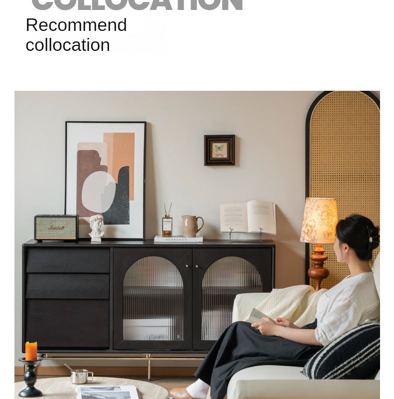 Solid Rubberwood French Retro Sideboard Black Glass