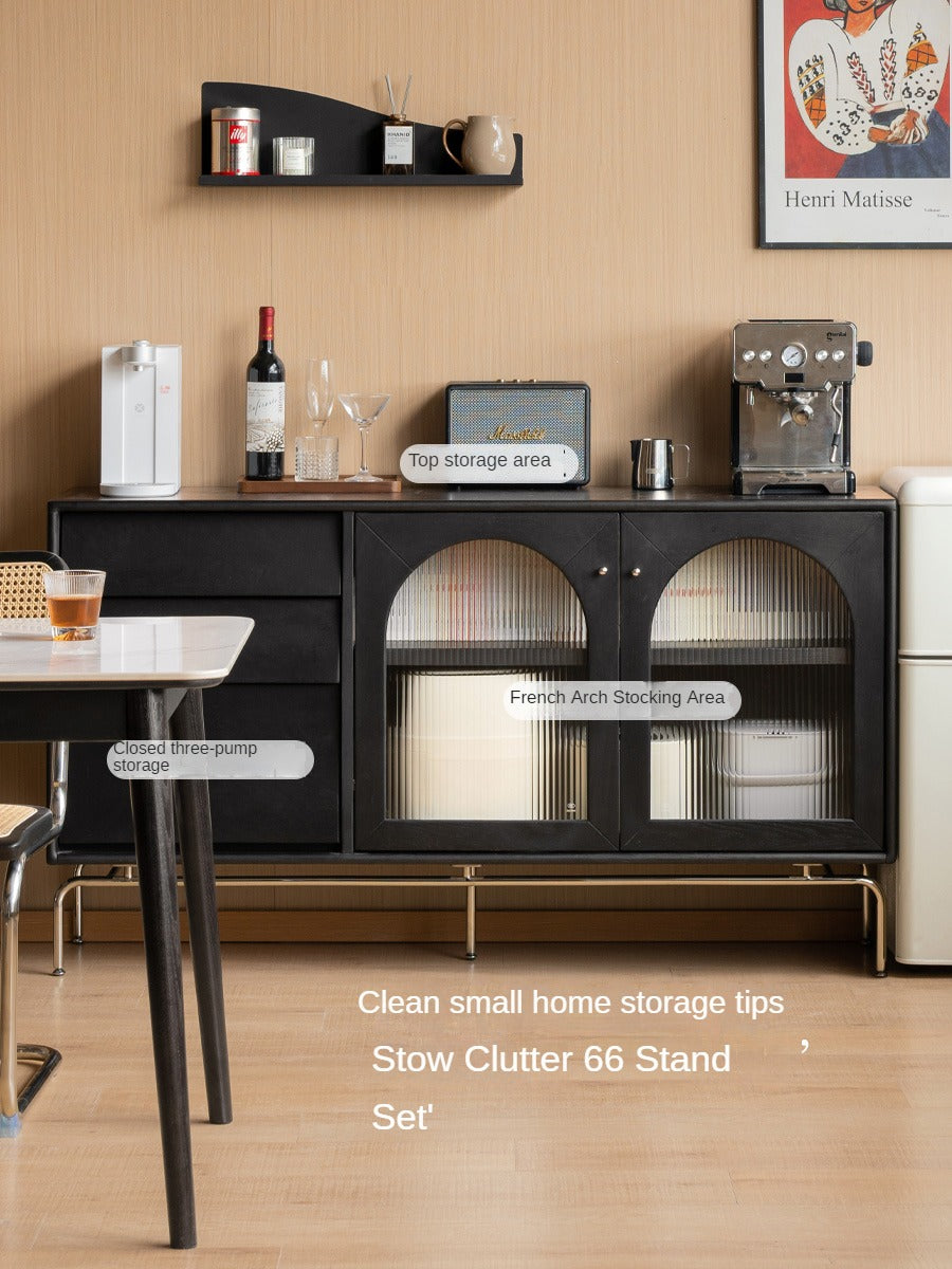 Solid Rubberwood, Oak Solid Wood French Retro Sideboard Black Glass