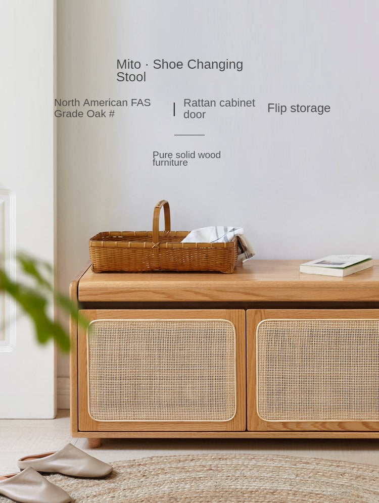 Oak Solid Wood Rattan Shoe Storage Bench