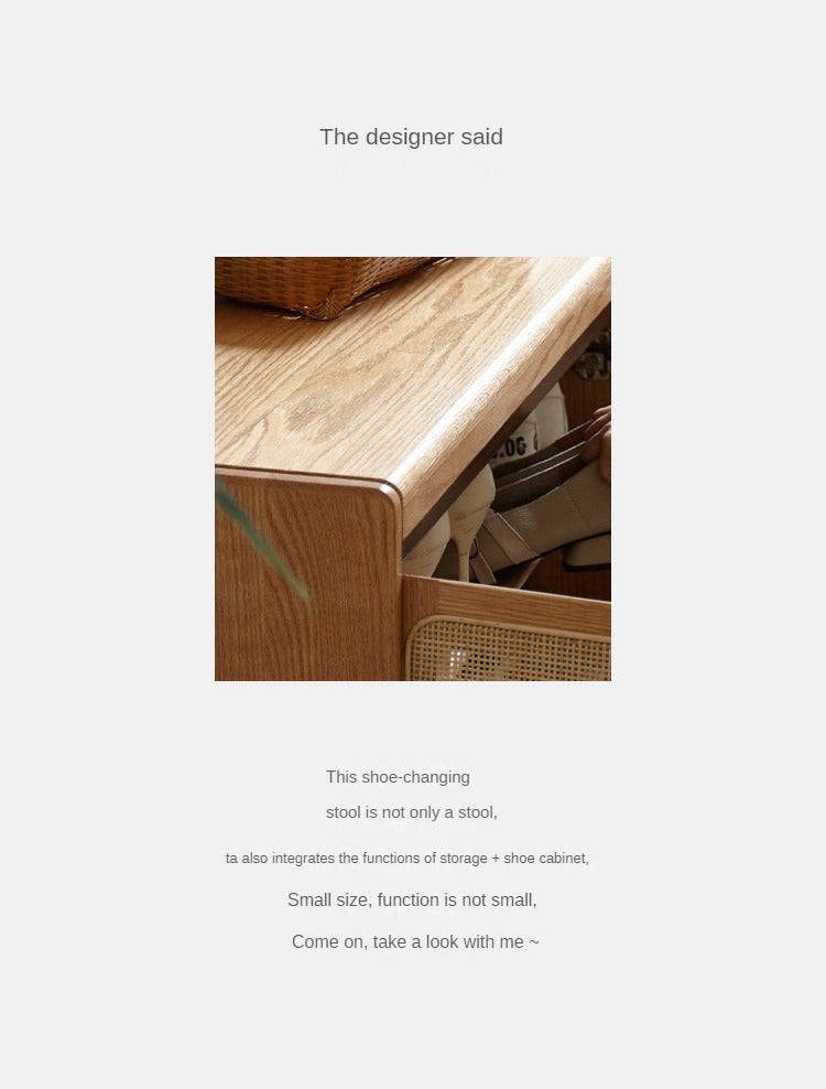 Oak Solid Wood Rattan Shoe Storage Bench