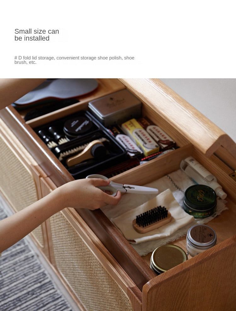 Oak Solid Wood Rattan Shoe Storage Bench