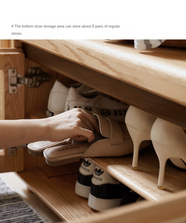 Oak Solid Wood Rattan Shoe Storage Bench