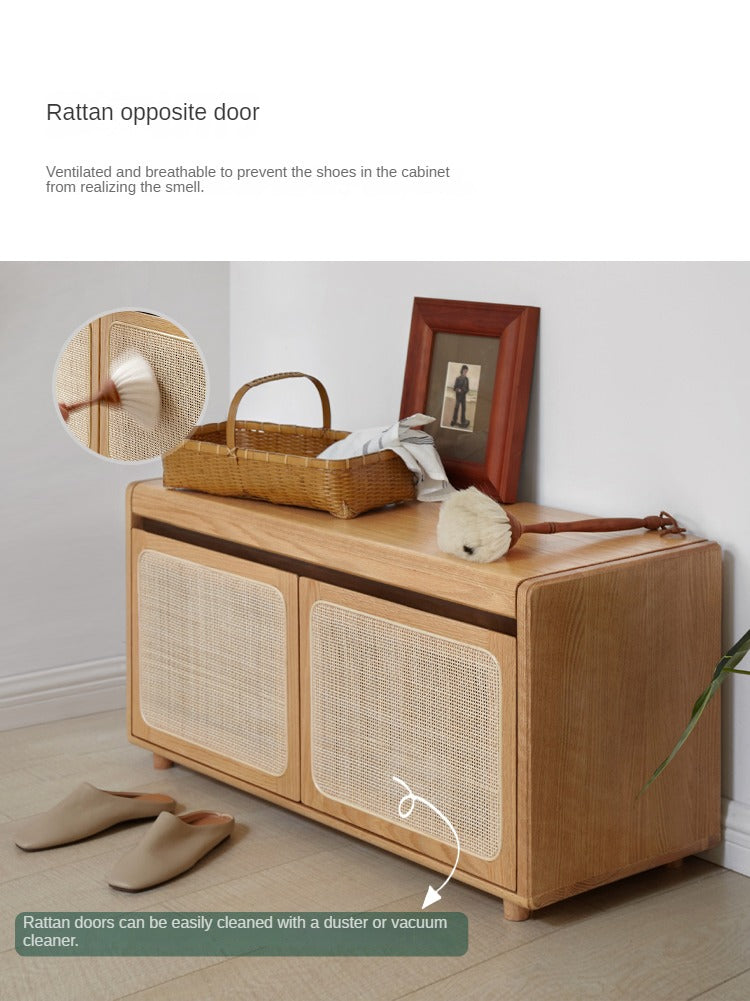 Oak Solid Wood Rattan Shoe Storage Bench