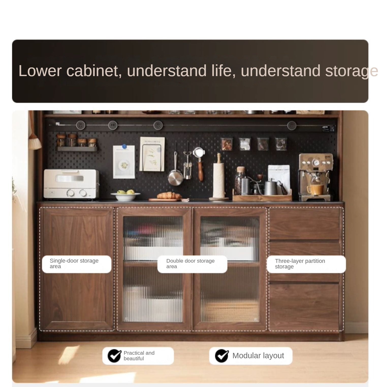 Black Walnut, Ash, Sandalwood Solid Wood Sideboard Hole Storage