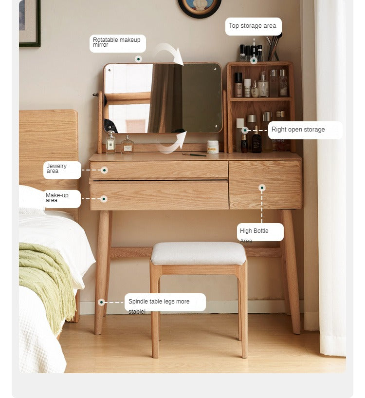 Oak, Beech Solid Wood Nordic Style Vanity Table.