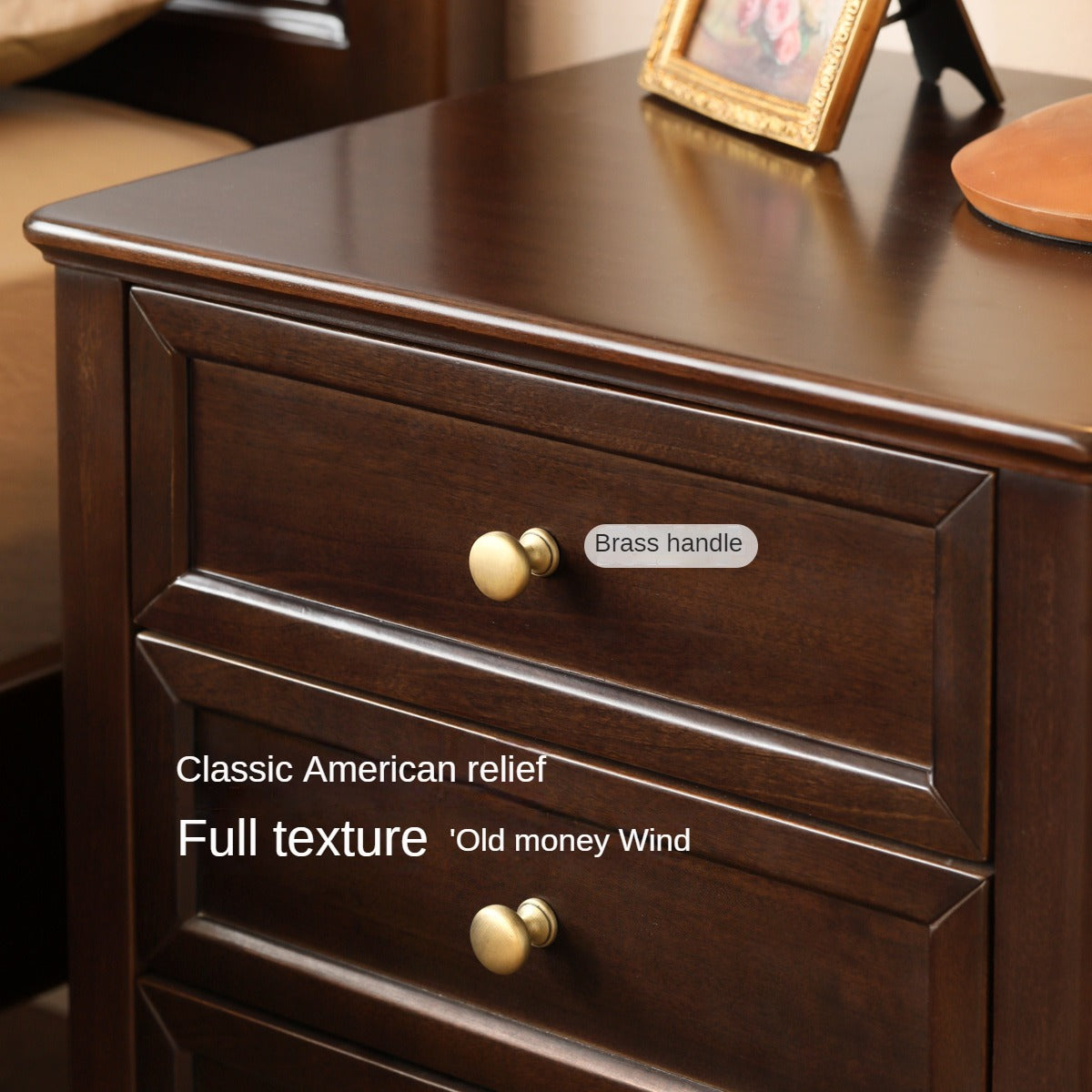 Black Walnut, Poplar Solid Wood Retro Three-Drawer Nightstand