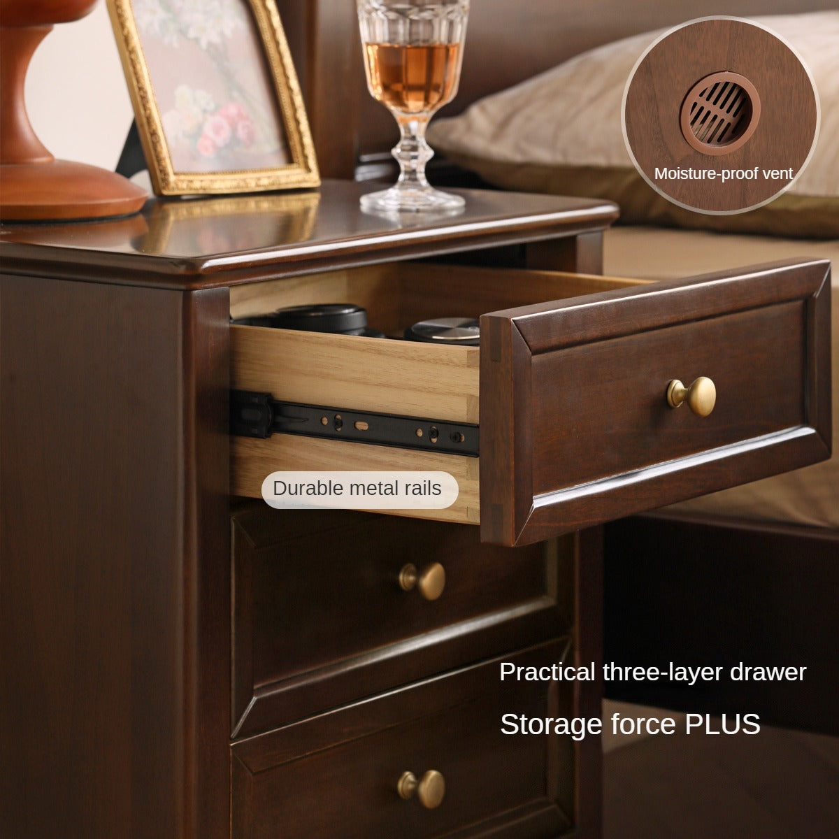 Black Walnut, Poplar Solid Wood Retro Three-Drawer Nightstand