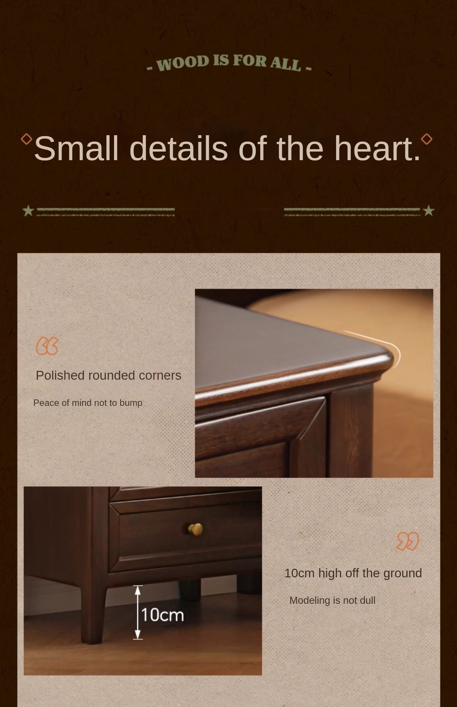 Black Walnut, Poplar Solid Wood Retro Three-Drawer Nightstand