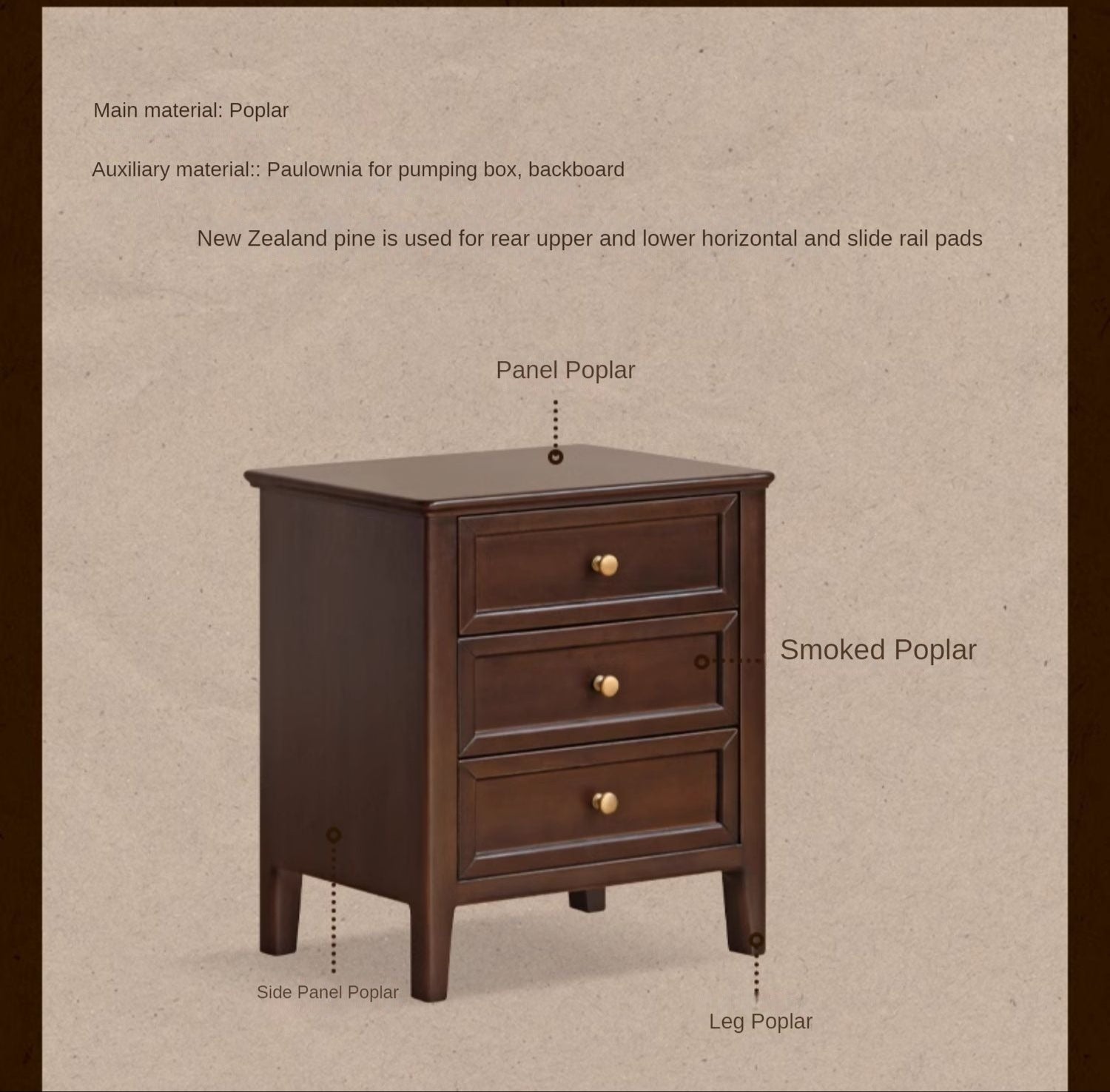 Black Walnut, Poplar Solid Wood Retro Three-Drawer Nightstand