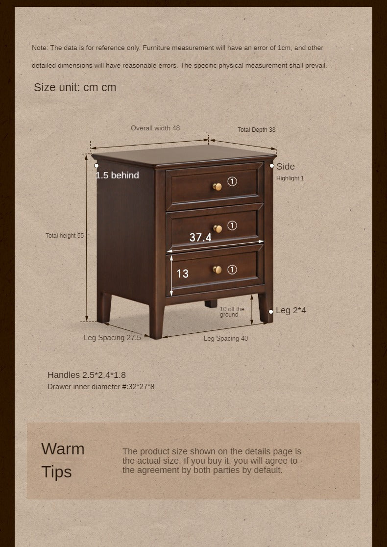 Black Walnut, Poplar Solid Wood Retro Three-Drawer Nightstand