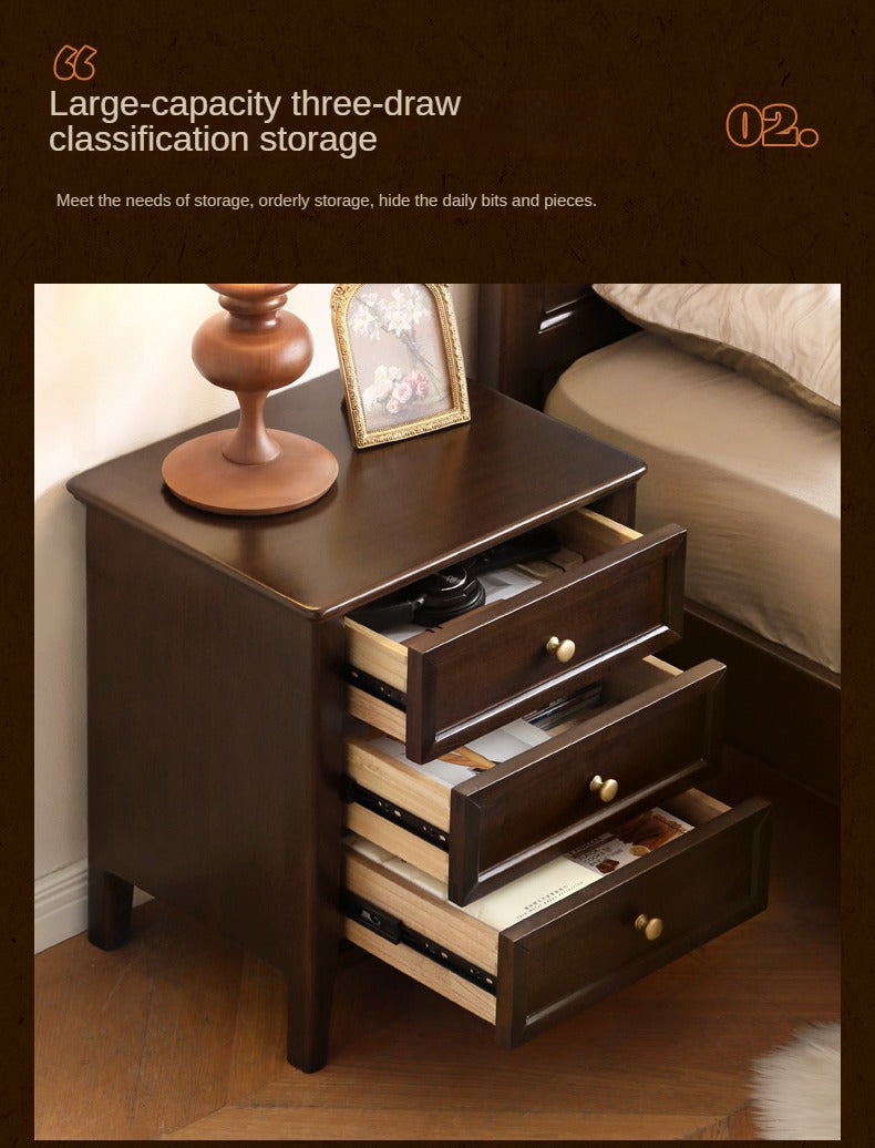 Black Walnut, Poplar Solid Wood Retro Three-Drawer Nightstand