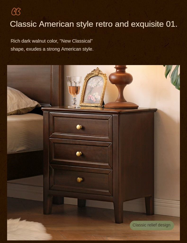 Black Walnut, Poplar Solid Wood Retro Three-Drawer Nightstand