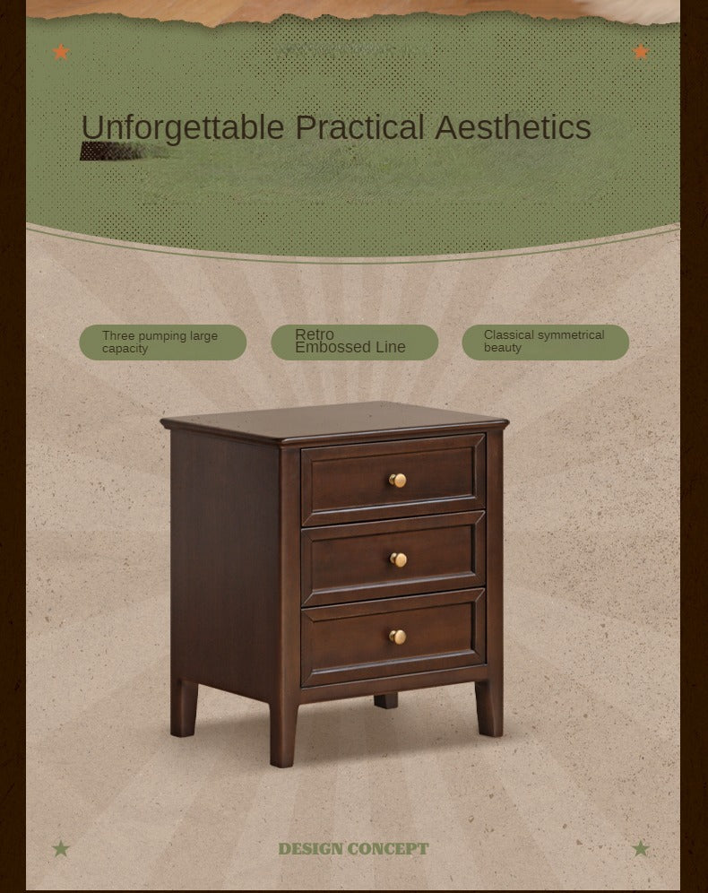 Black Walnut, Poplar Solid Wood Retro Three-Drawer Nightstand